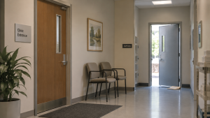 Clinic hallway with the front entrance closed and a back staff door left open, a metaphor for claim takebacks after payment
