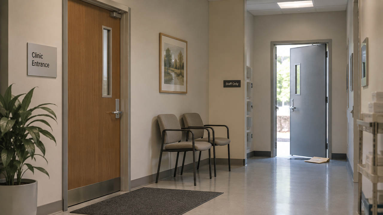 Clinic hallway with the front entrance closed and a back staff door left open, a metaphor for claim takebacks after payment